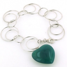 Sterling Silver Link Bracelet with Green Agate Heart